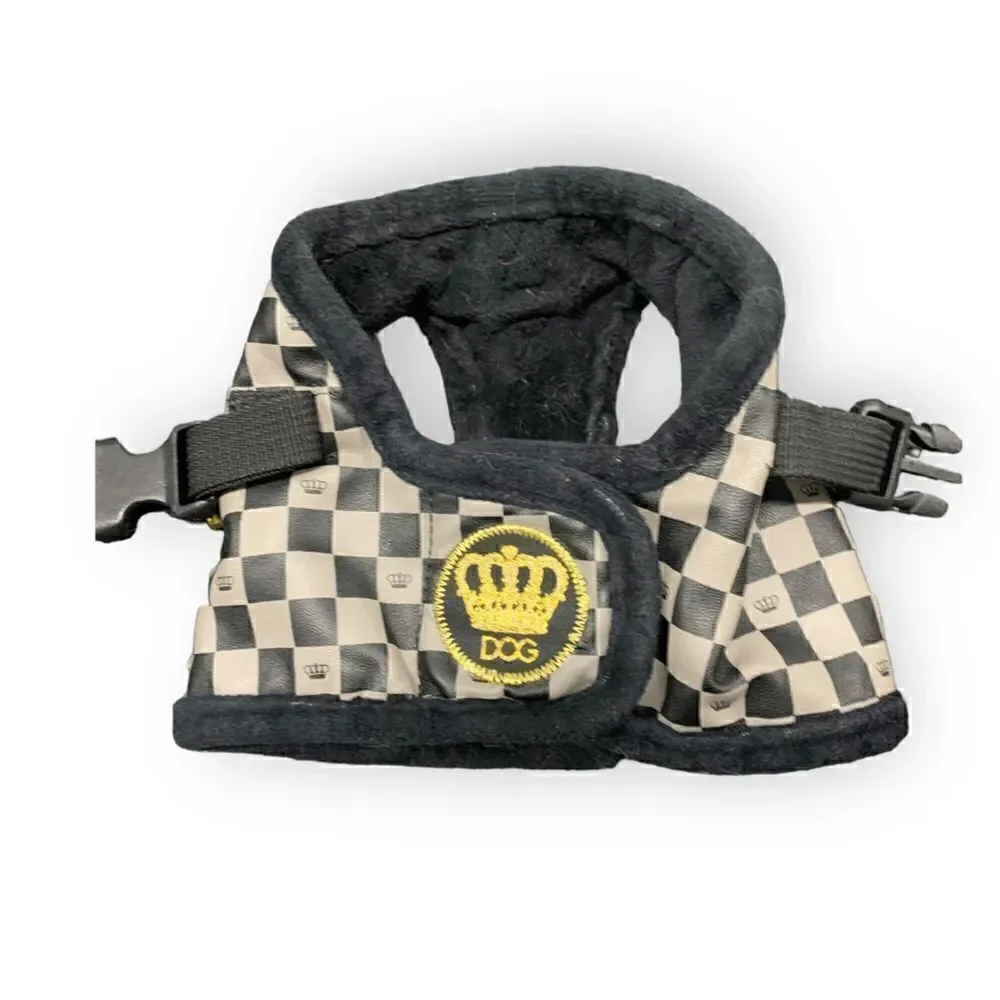 DOG Checkered Dog Harness, white, black, and gold